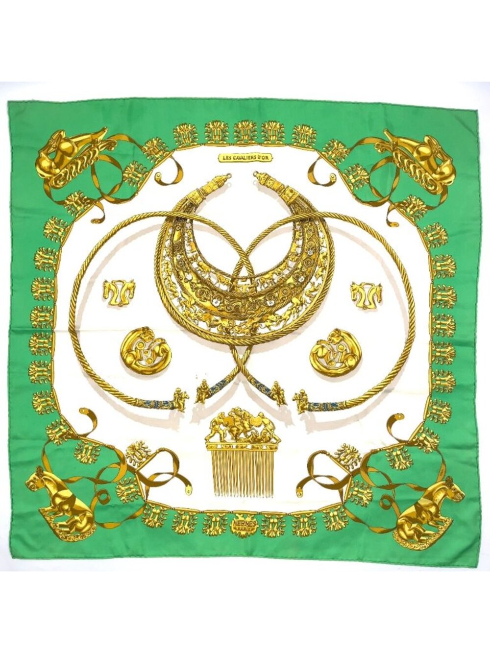 Hermes Carre 90 les Cavaliers D'or Silk Off White Green Scarf